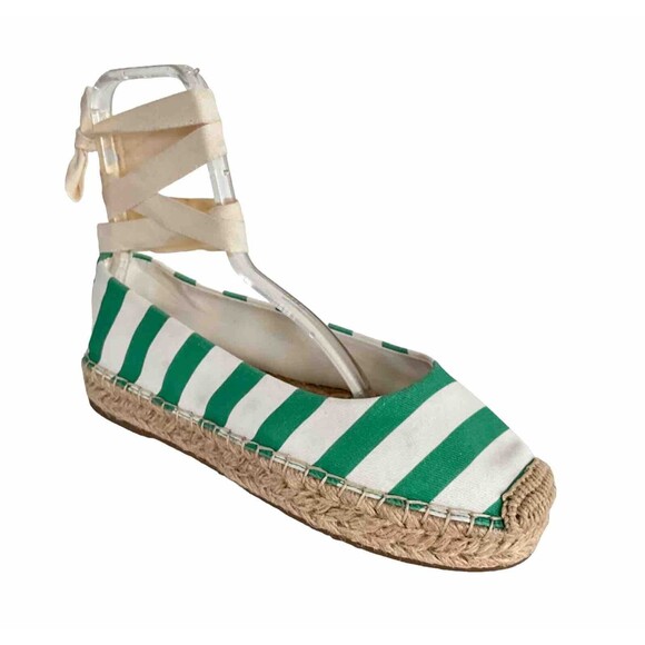 Draper James Platform Women 10M Green White Awning Stripe Tie Ankle Espadrille - Picture 1 of 12